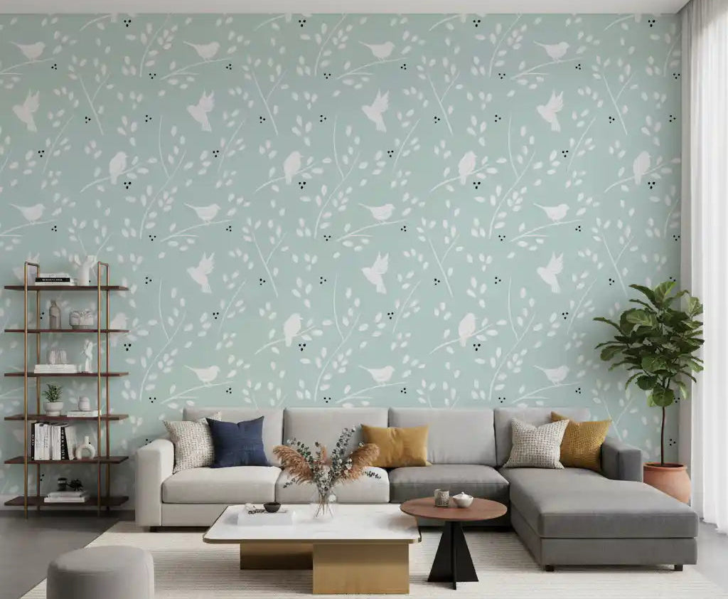 Small white silhouettes spread over a living room with the Serene Sky Birds wallpaper.