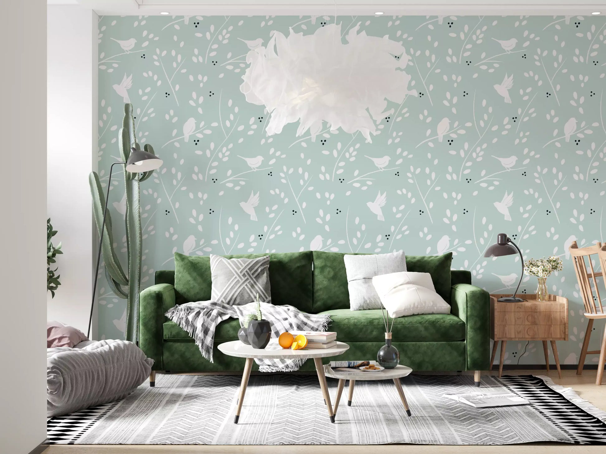Restful lounge tones blend with the Serene Sky Birds wallpaper for a gentle look.