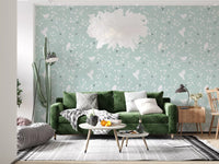 Restful lounge tones blend with the Serene Sky Birds wallpaper for a gentle look.