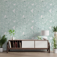 Tiny silhouettes run along a hallway behind the Serene Sky Birds wallpaper panel.