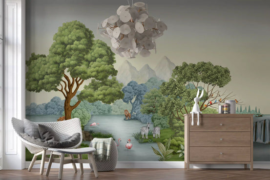 Safari River Oasis wall mural fills one side of a calm Nursery.