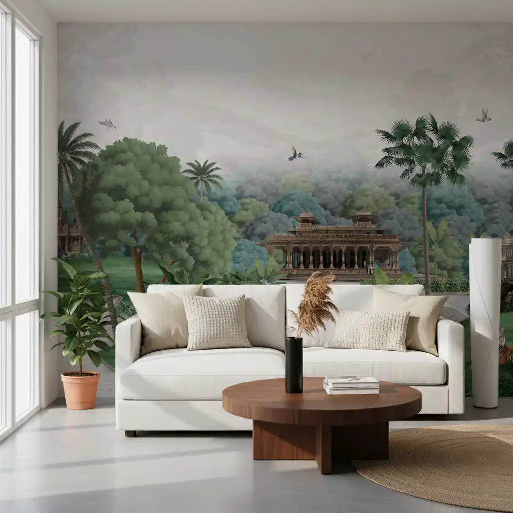 A living room paired with Jungle Palace wall mural, palms, an elephant and temples.