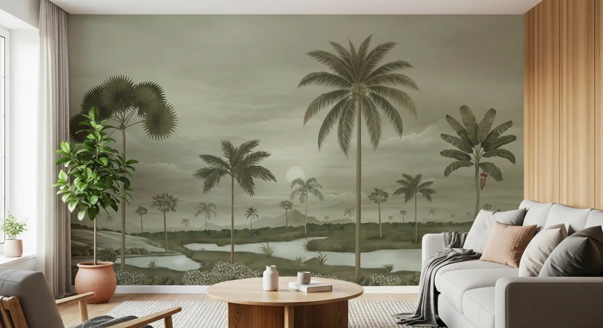 Muted Riverbend Wall Mural with soft sky tones and layered palm silhouettes
