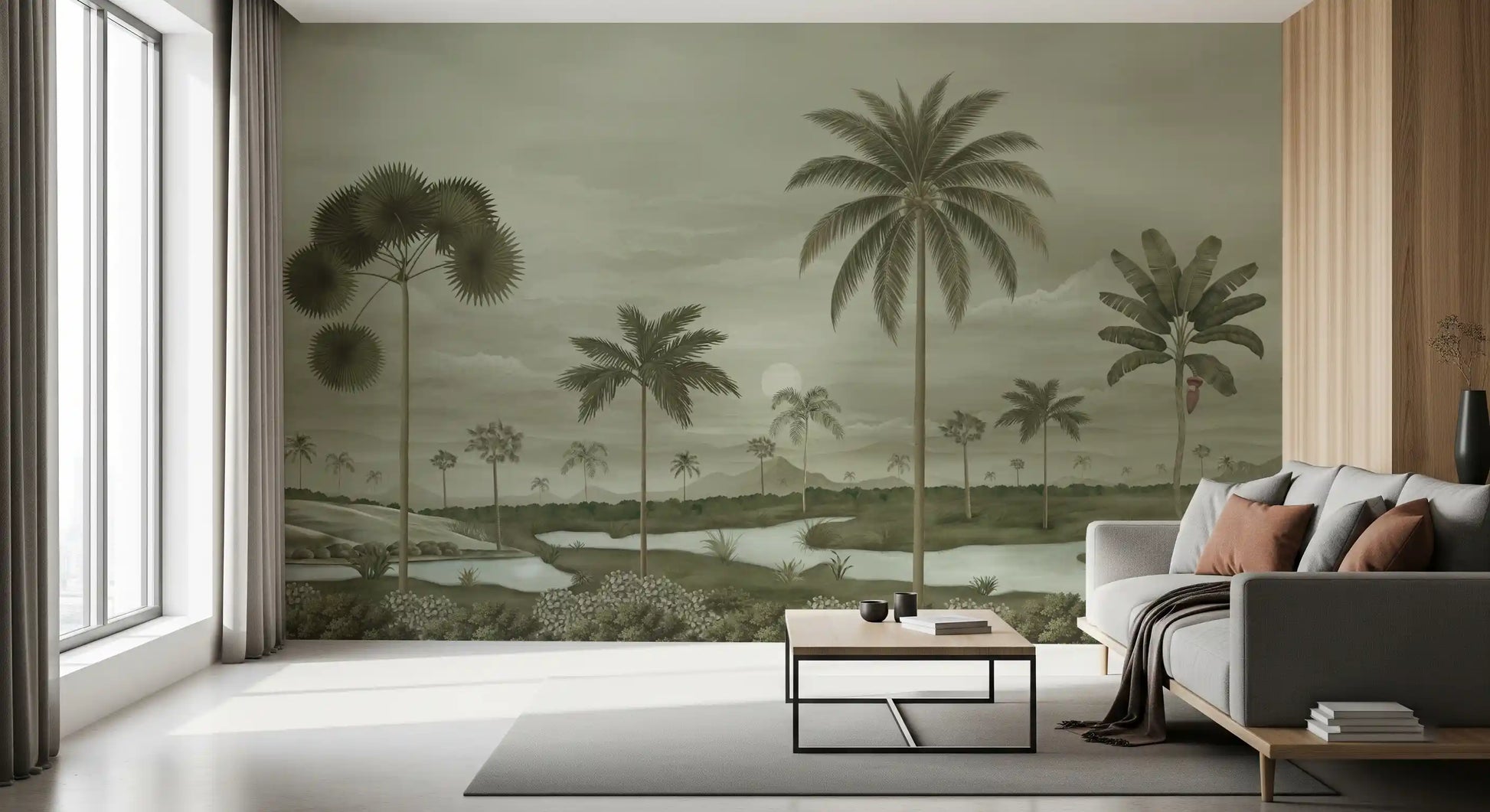 Living room Tropical Wall Mural featuring soft palms and a calm riverbend scene