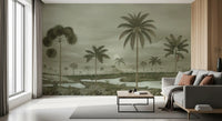 Living room Tropical Wall Mural featuring soft palms and a calm riverbend scene
