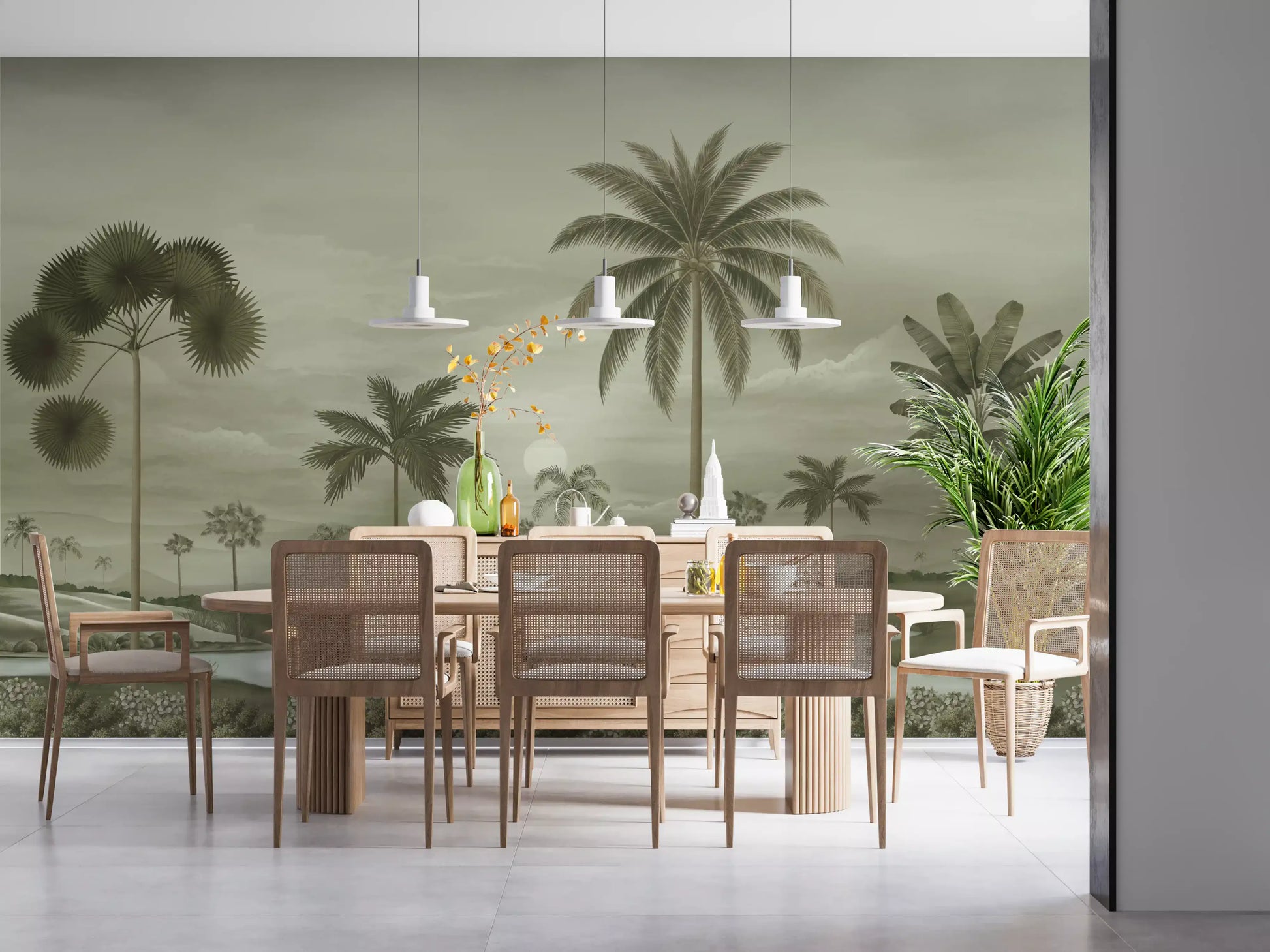 Dining room Muted Tropical Riverbend Wall Mural with subdued scenic depth