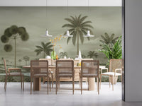 Dining room Muted Tropical Riverbend Wall Mural with subdued scenic depth