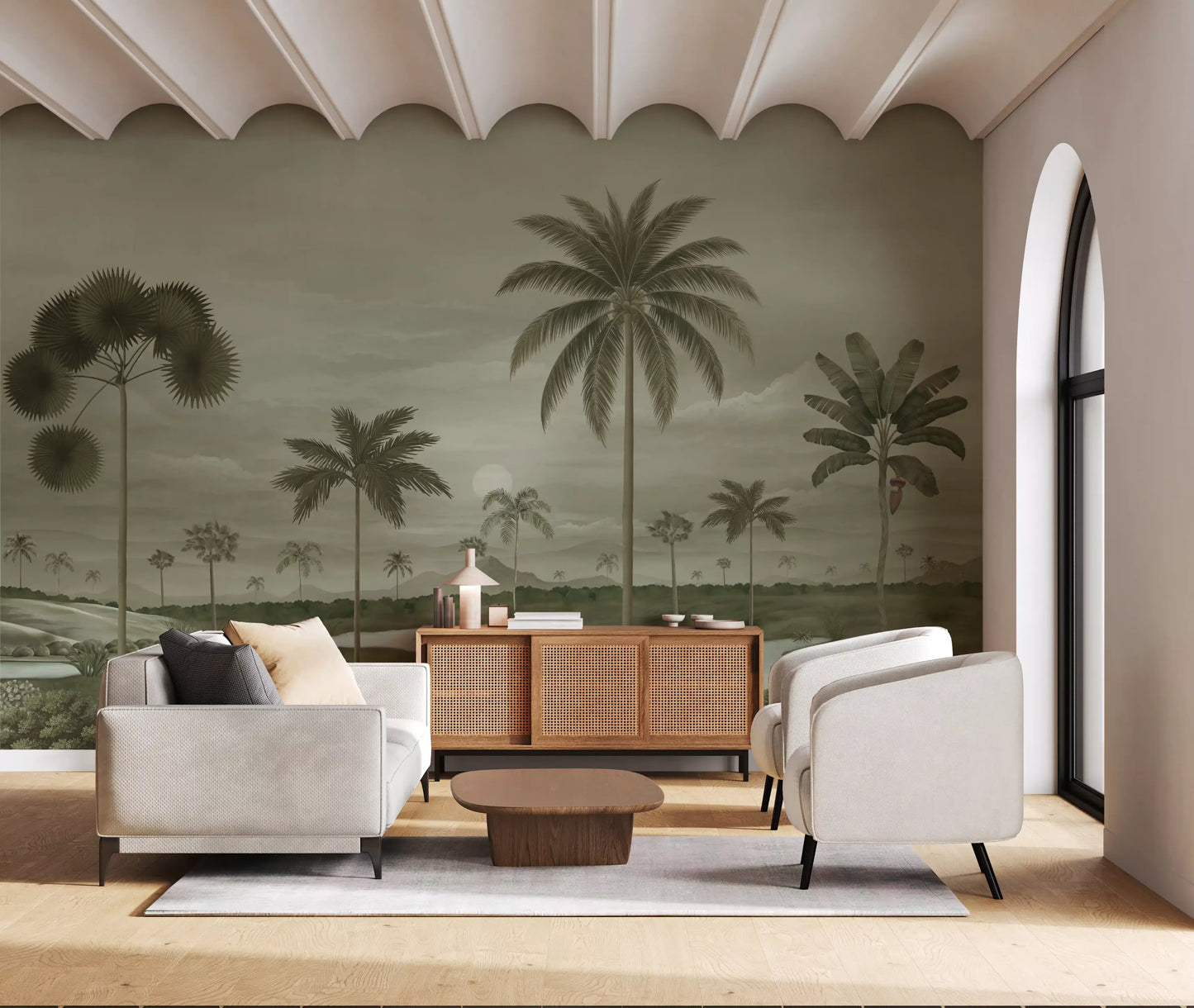 Tropical Riverbend Wall Mural showing open greenery and misty distant hills