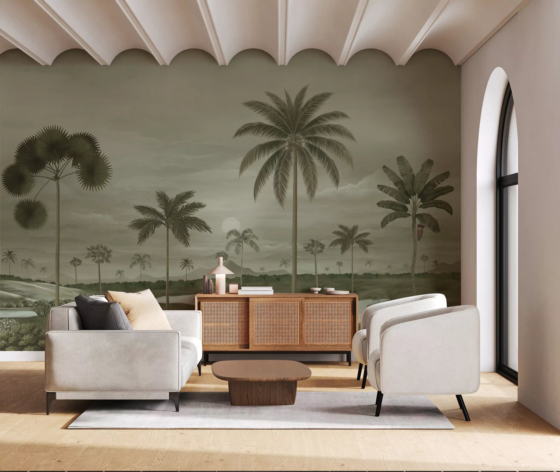Tropical Riverbend Wall Mural showing open greenery and misty distant hills