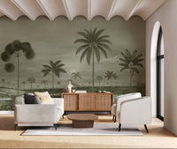 Tropical Riverbend Wall Mural showing open greenery and misty distant hills