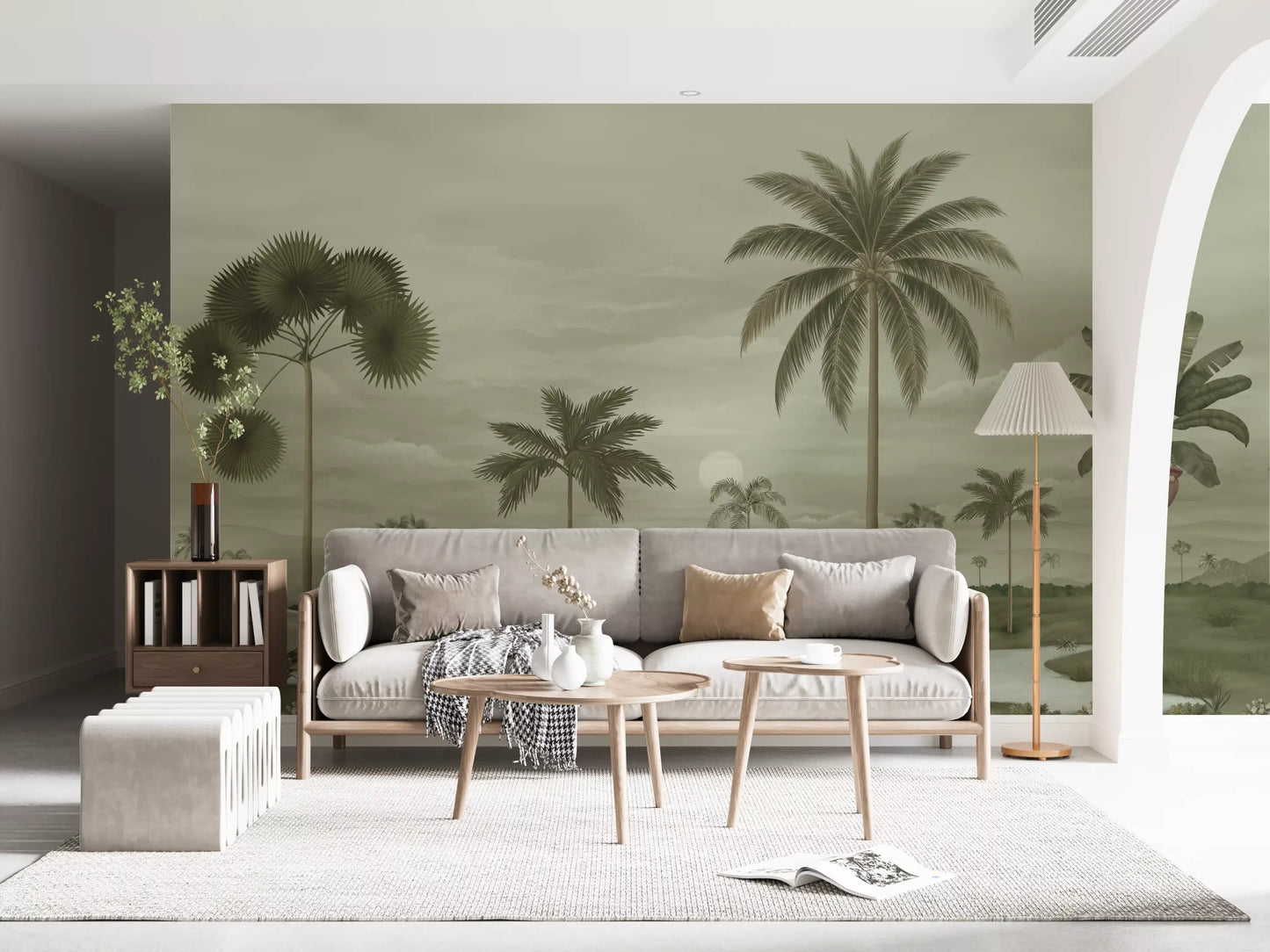 Muted Tropical Riverbend Wall Mural with tall palms and pale blue water inlets