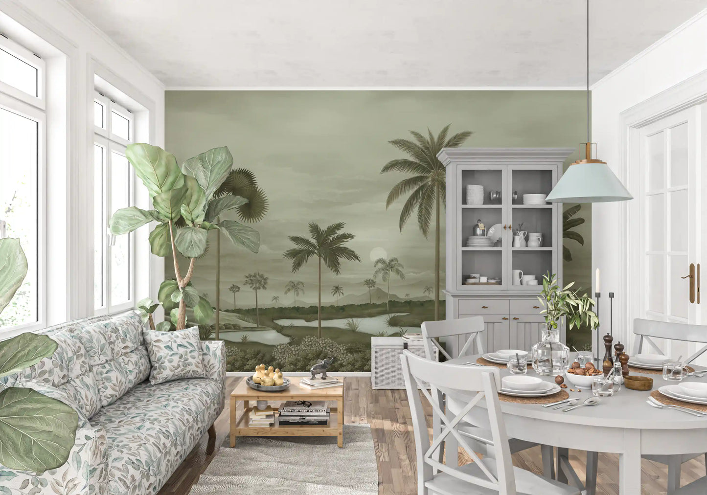 Hallway Tropical Riverbend Wall Mural showing hazy palms and muted landscape