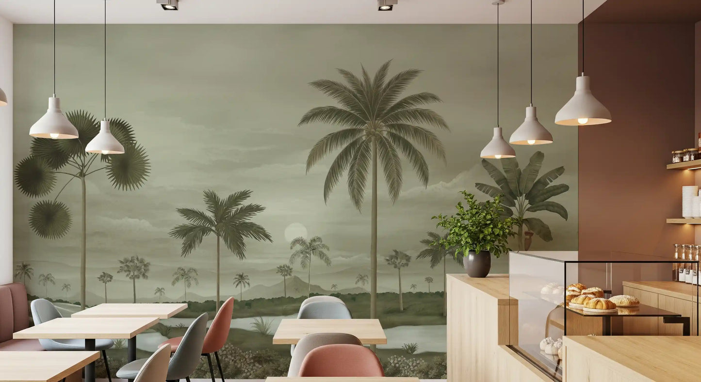 Muted Tropical Riverbend Wall Mural with airy landscape spacing and muted tones