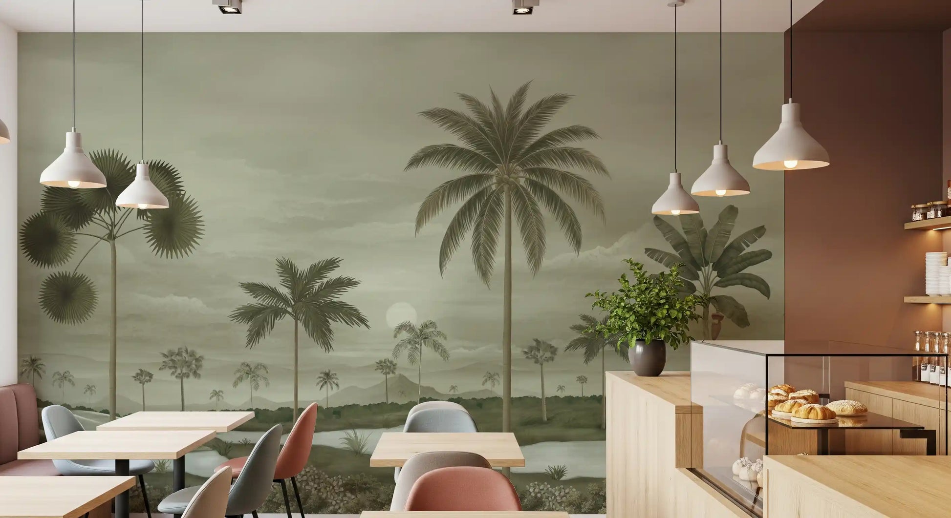 Muted Tropical Riverbend Wall Mural with airy landscape spacing and muted tones
