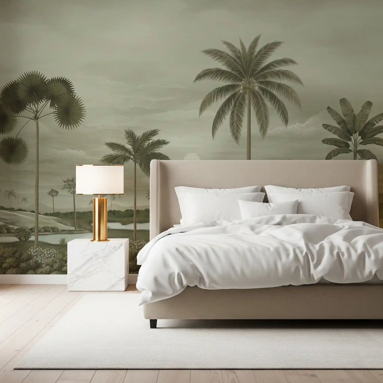 Bedroom Muted Tropical Riverbend Wall Mural with pale palms and soft water
