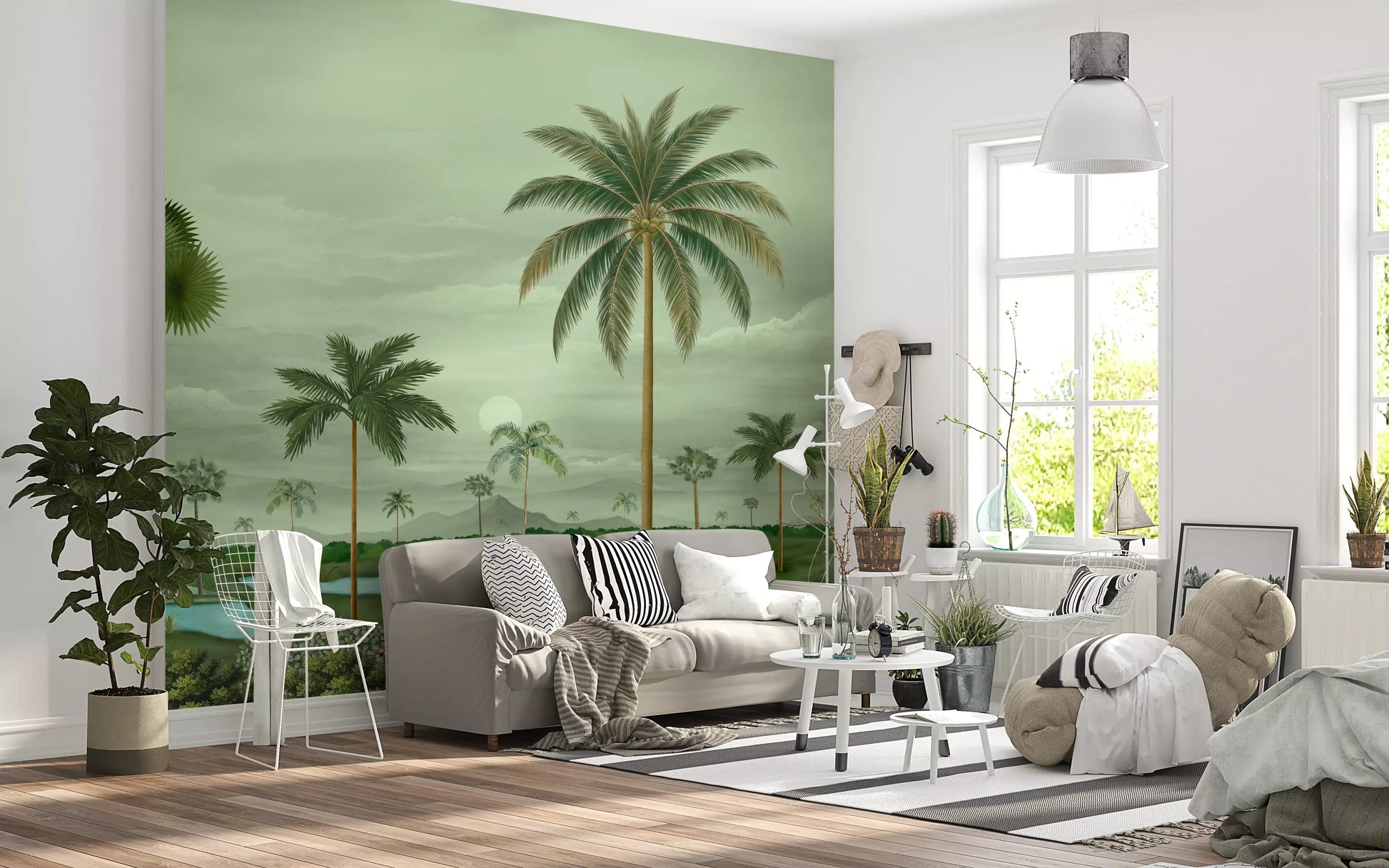 Hallway Lush Palm Mural with winding river, tall trees, and hazy sky