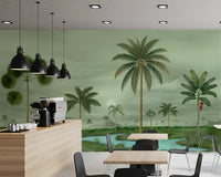 Lush palm mural with curved waterways, meadow detail, and misty horizon
