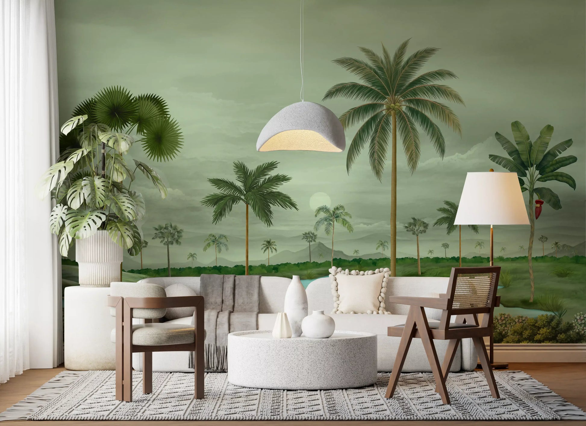 River palms wall mural showing tropical trees, green banks, and open view