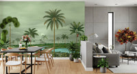 Tropical river mural featuring palm silhouettes and gentle landscape layers