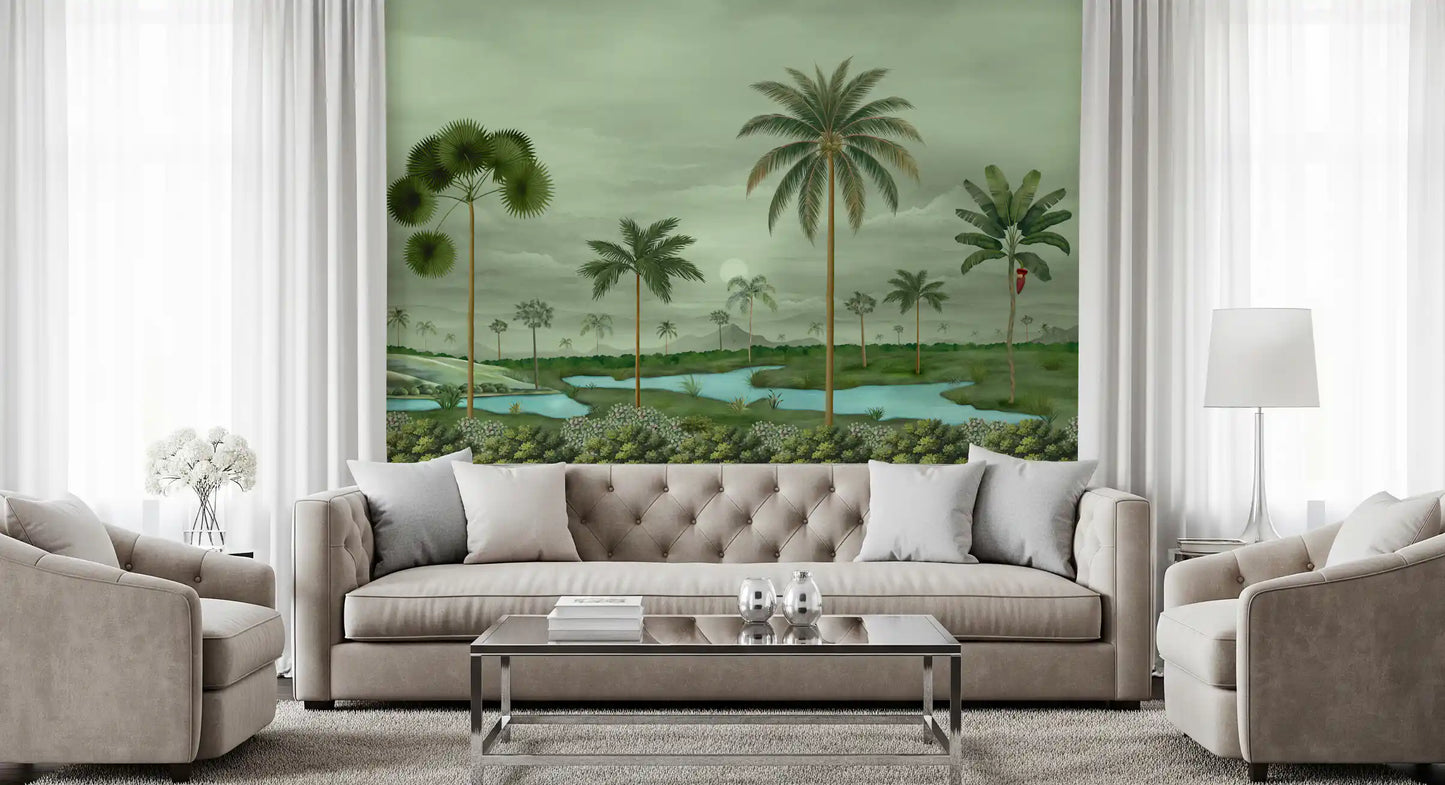 Palm landscape mural with blue river paths and muted green scenery