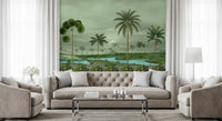 Palm landscape mural with blue river paths and muted green scenery