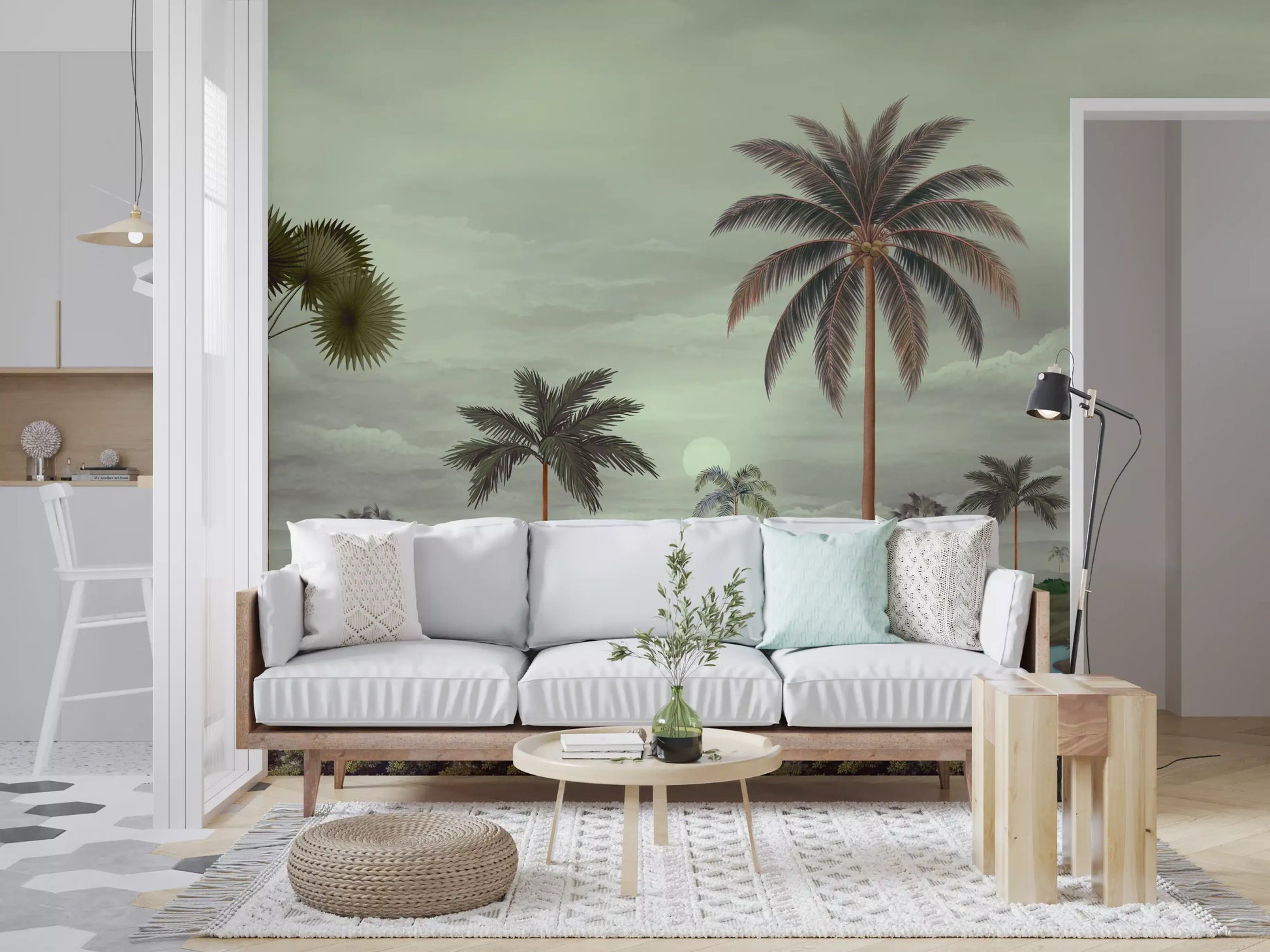 Living room Tropical Serenity wall mural with Riverbanks and tall palms