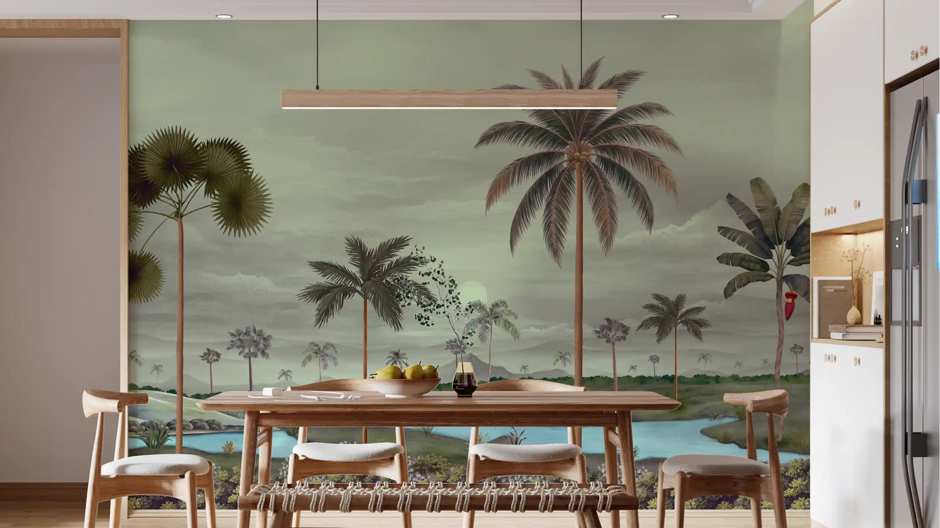 Riverbanks wall mural showing tropical palms, low fields, and distant hills