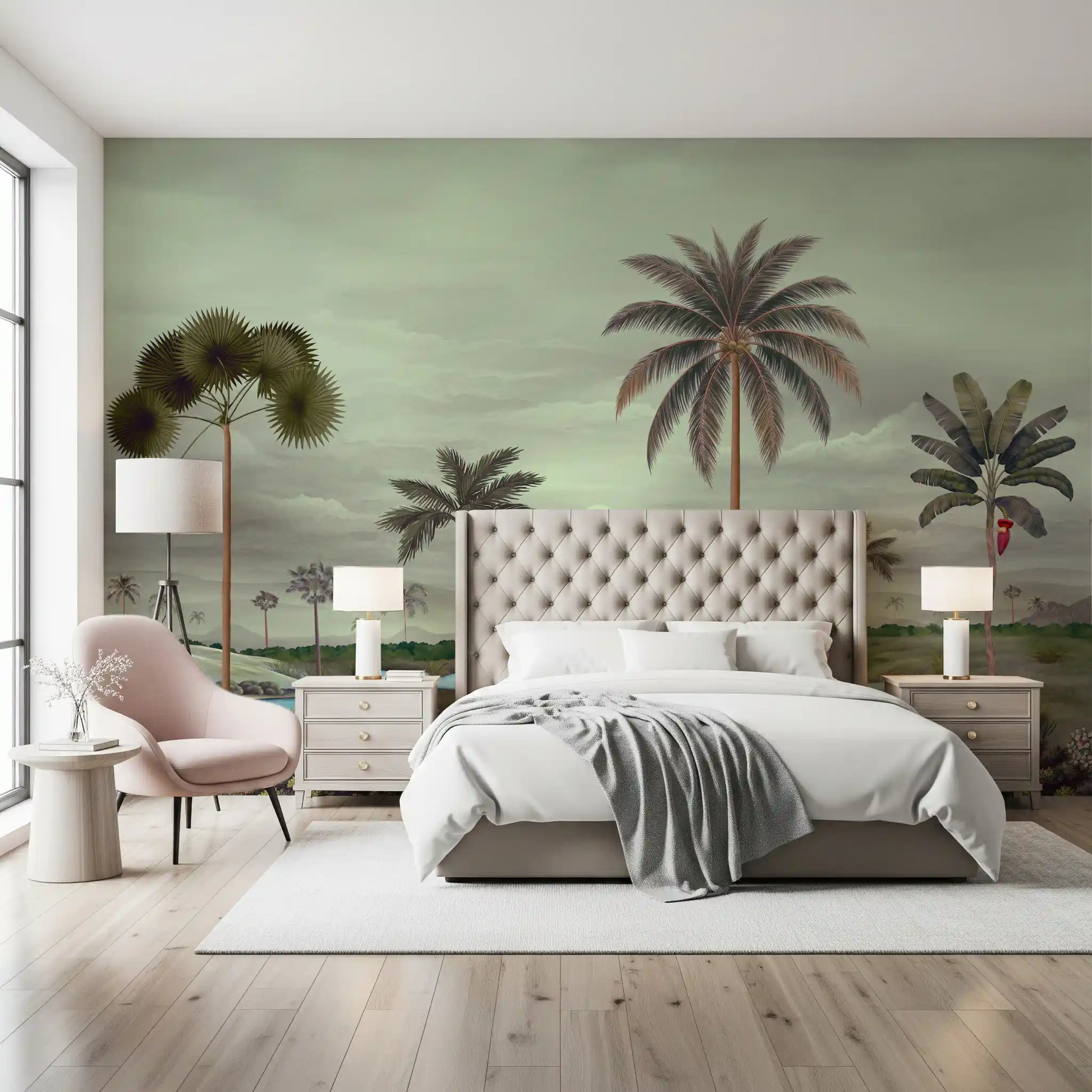 Bedroom Tropical Riverbanks mural with palms, hills, and muted sky detail