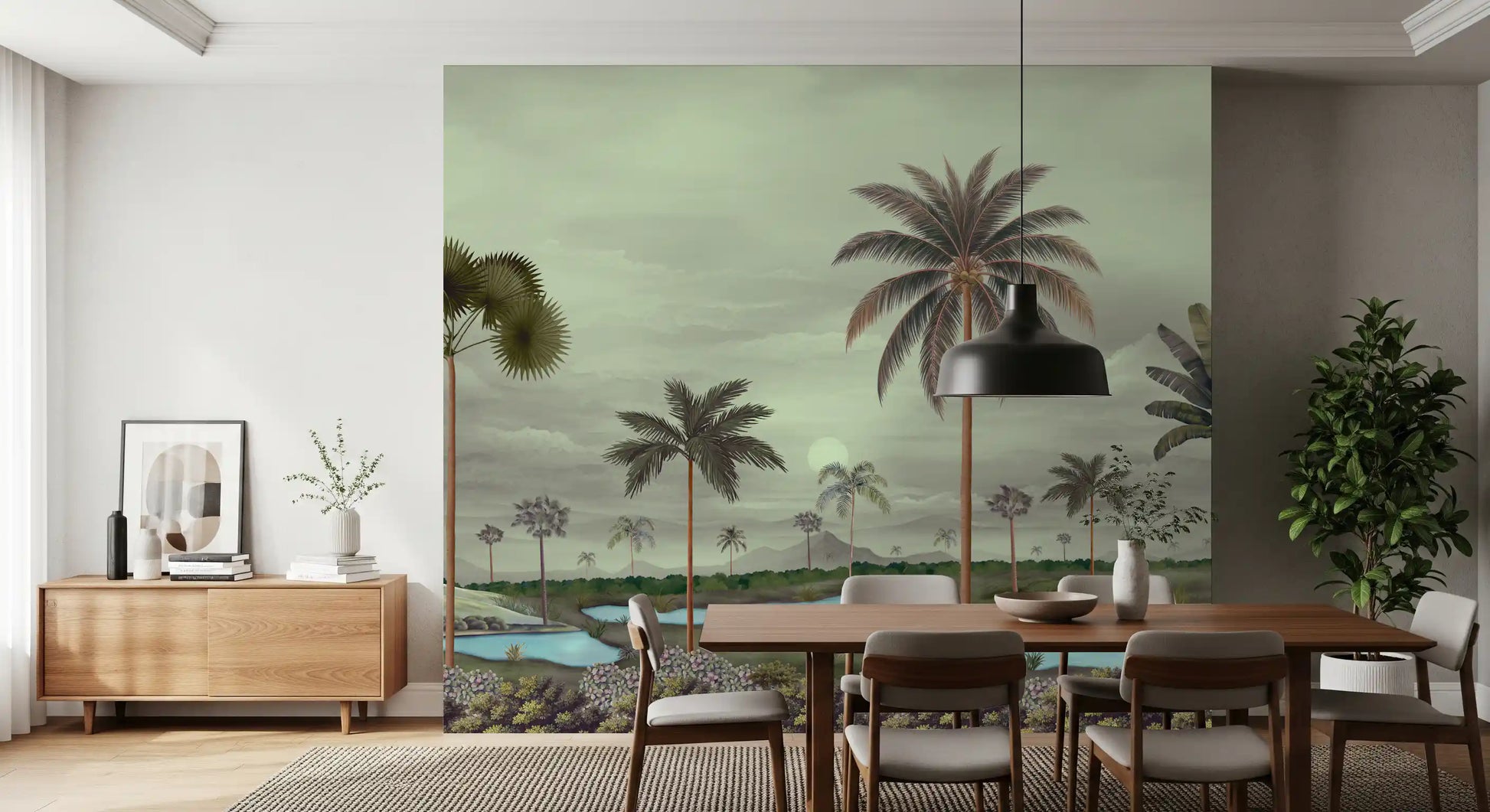 Dining room Serenity Wall Mural featuring river curves and tropical palms