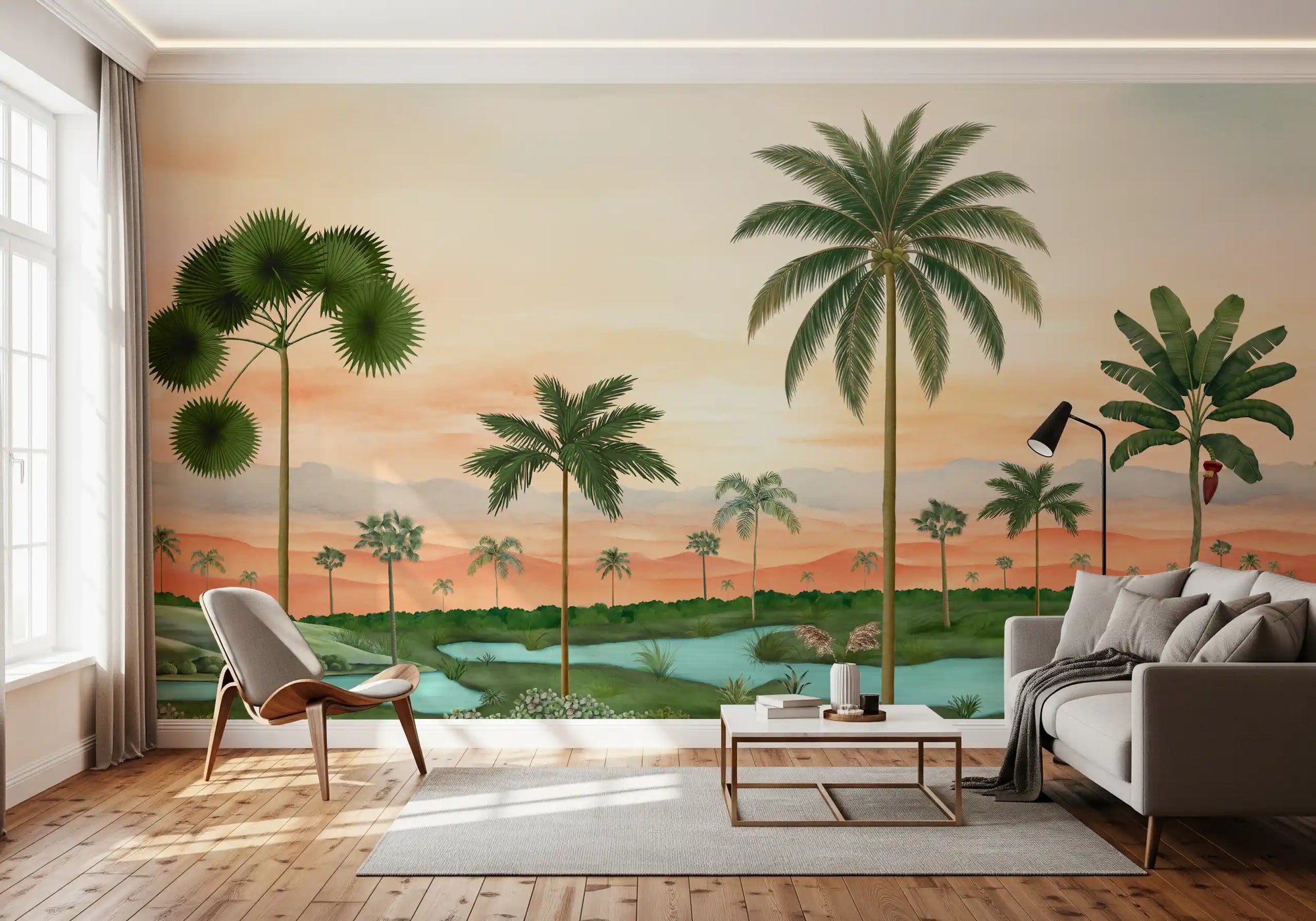 Lush Tropical wall mural unfolds a calm living room with palms and water.