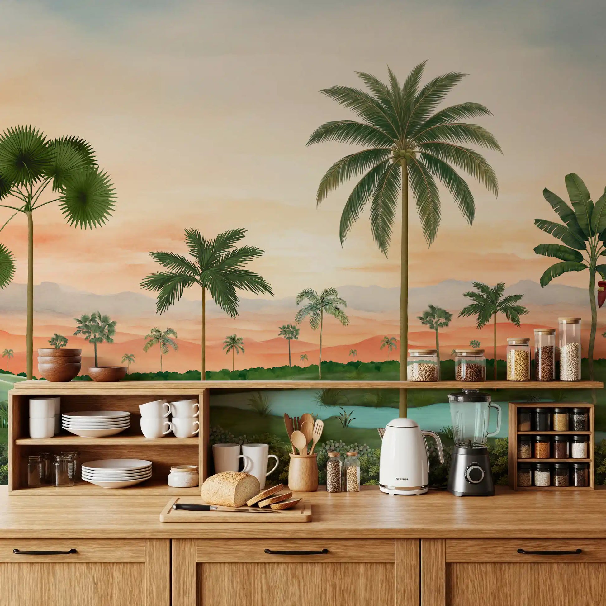 trees and gentle peach hues fill Lush Tropical River wall mural in a Kitchen.