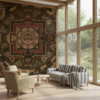 Viewing a dark geometric Mandala wall mural applied within a Living room.