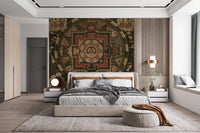 Deep reds and greens border the rings of this Mandala wall mural.