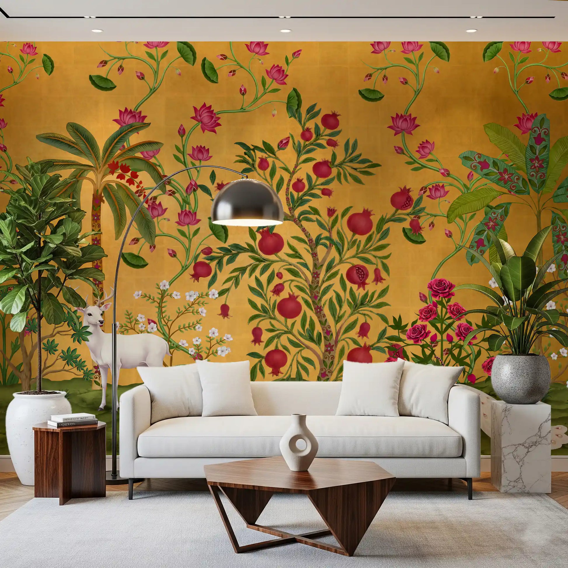 Pomegranate fruit and ruby roses spread across this golden wildlife wall mural