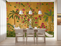 Dining room lit by the golden Regal Wildlife Paradise wall mural and its lotus vines
