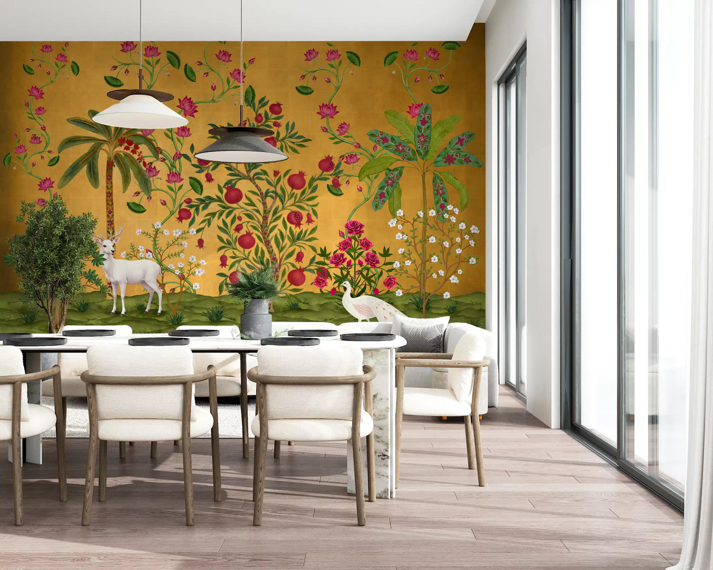 Dining room carrying the Regal Wildlife Paradise wall mural with deer and peacock motifs