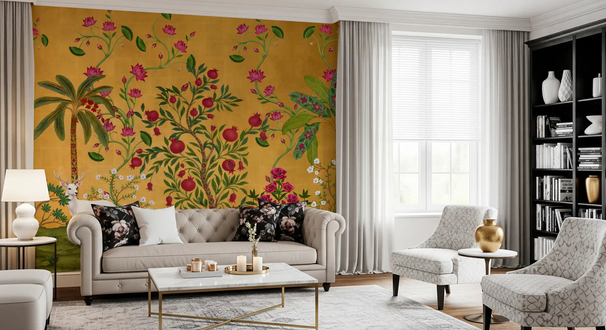 Warm gold wildlife wall mural framing a calm Living room with pale seating