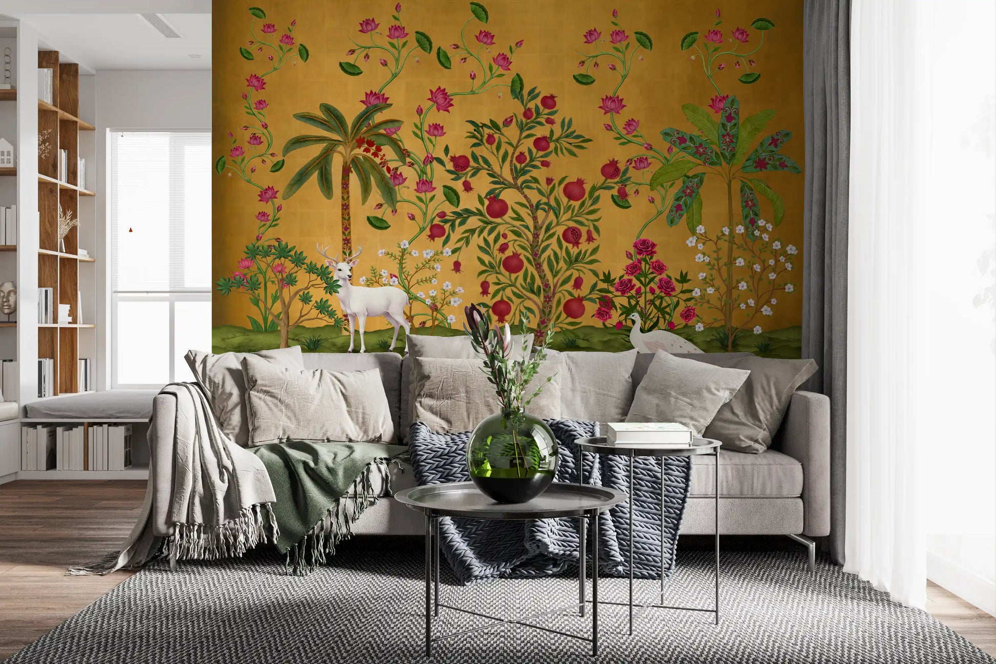 Living room backed by Regal Wildlife Paradise wall mural in gold, pink and green tones