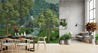 Deer and rabbit rest beside the river in this woodland wall mural