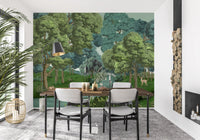 Swan Lake Woodland wall mural spanning a calm Dining room 