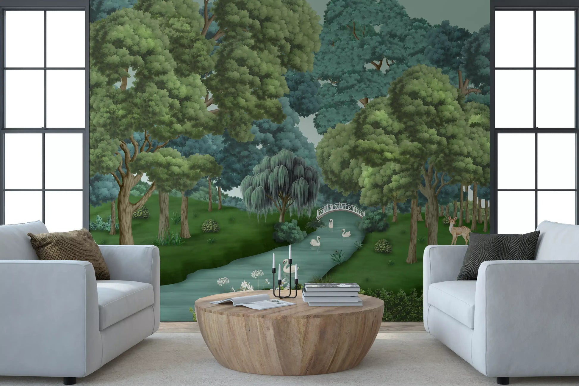 Painted woodland river fills this wall mural behind a Living area