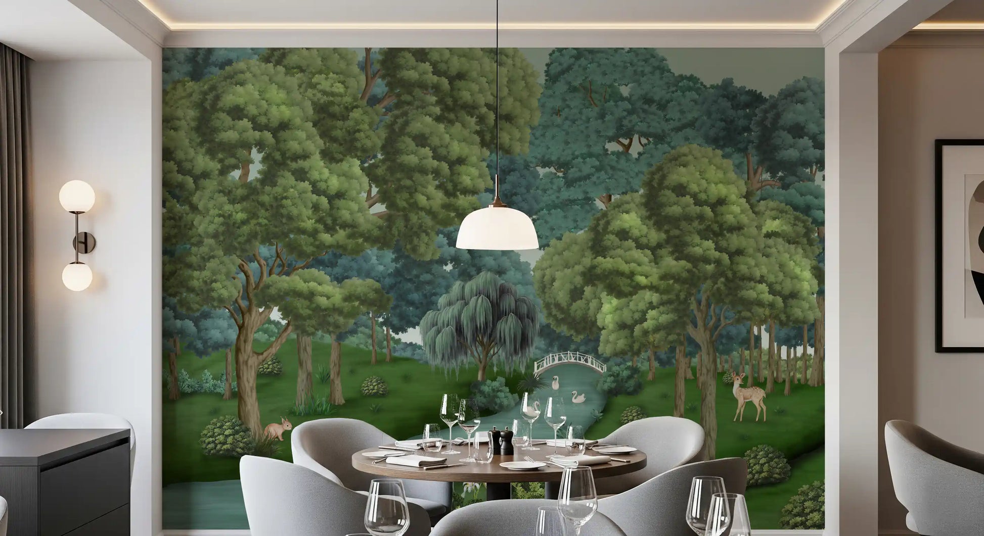 Swan Lake Woodland wall mural showing swans on a green forest river