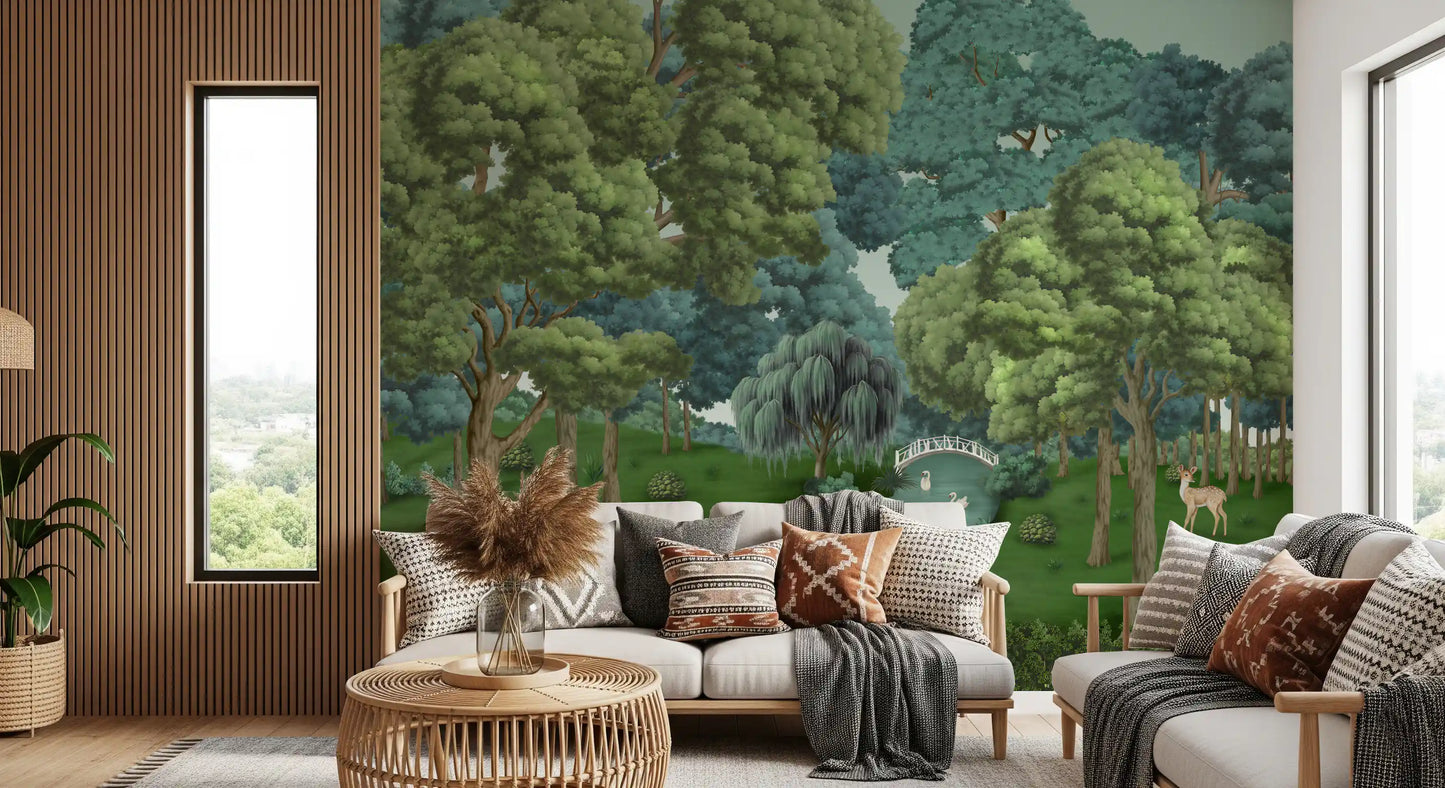 hallway room set against the Swan Lake Woodland wall mural with river vie