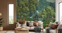 hallway room set against the Swan Lake Woodland wall mural with river vie