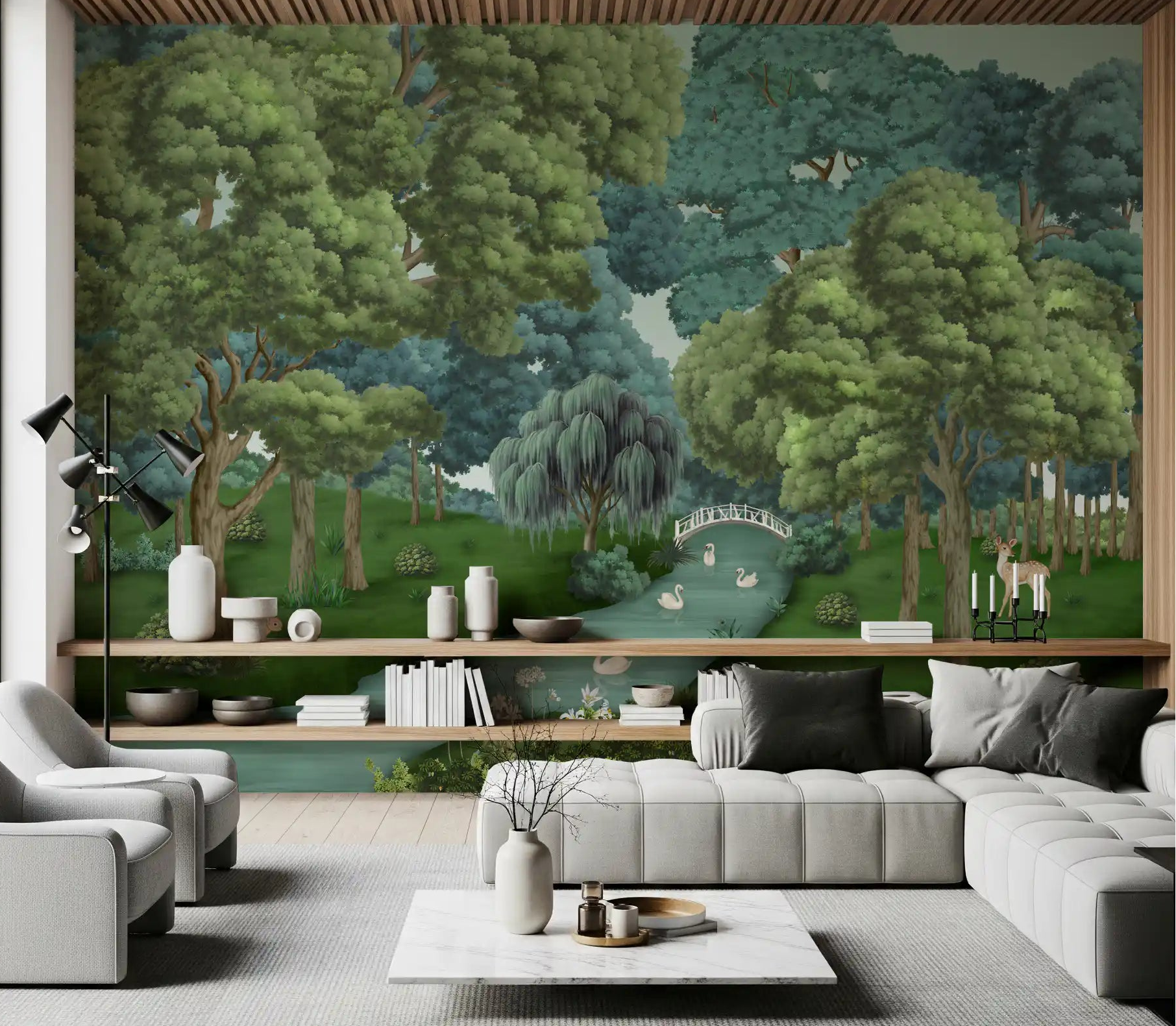 Green forest scene Swan Lake Woodland wall mural in a bright living room