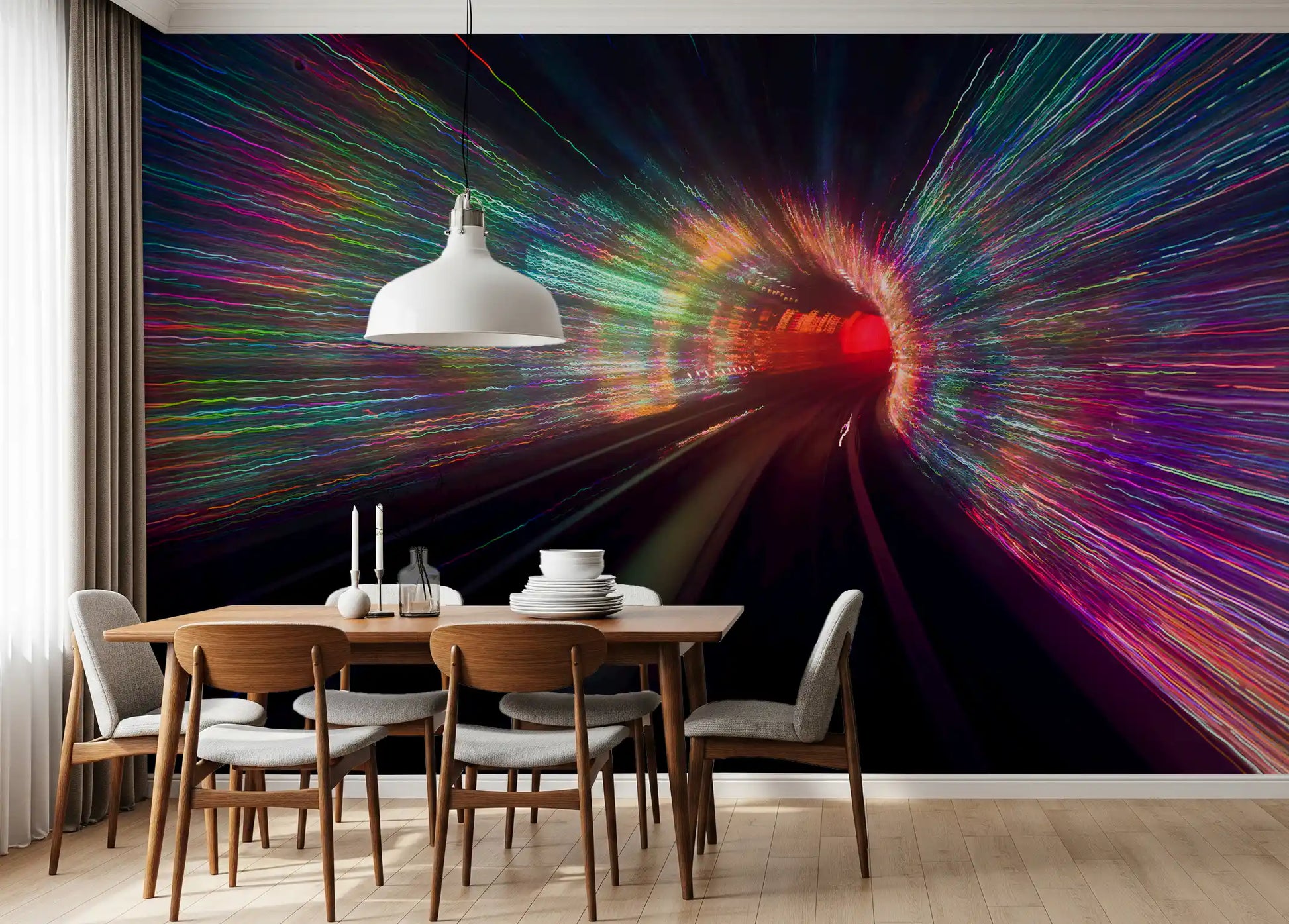 Warp Speed Lights wall mural behind a dining room and chairs