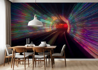 Warp Speed Lights wall mural behind a dining room and chairs