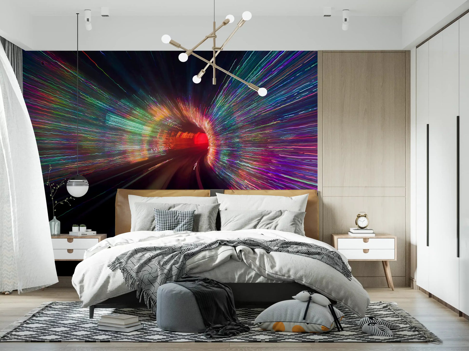 Bedroom feature wall mural showing red tunnel light trails