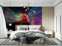 Bedroom feature wall mural showing red tunnel light trails