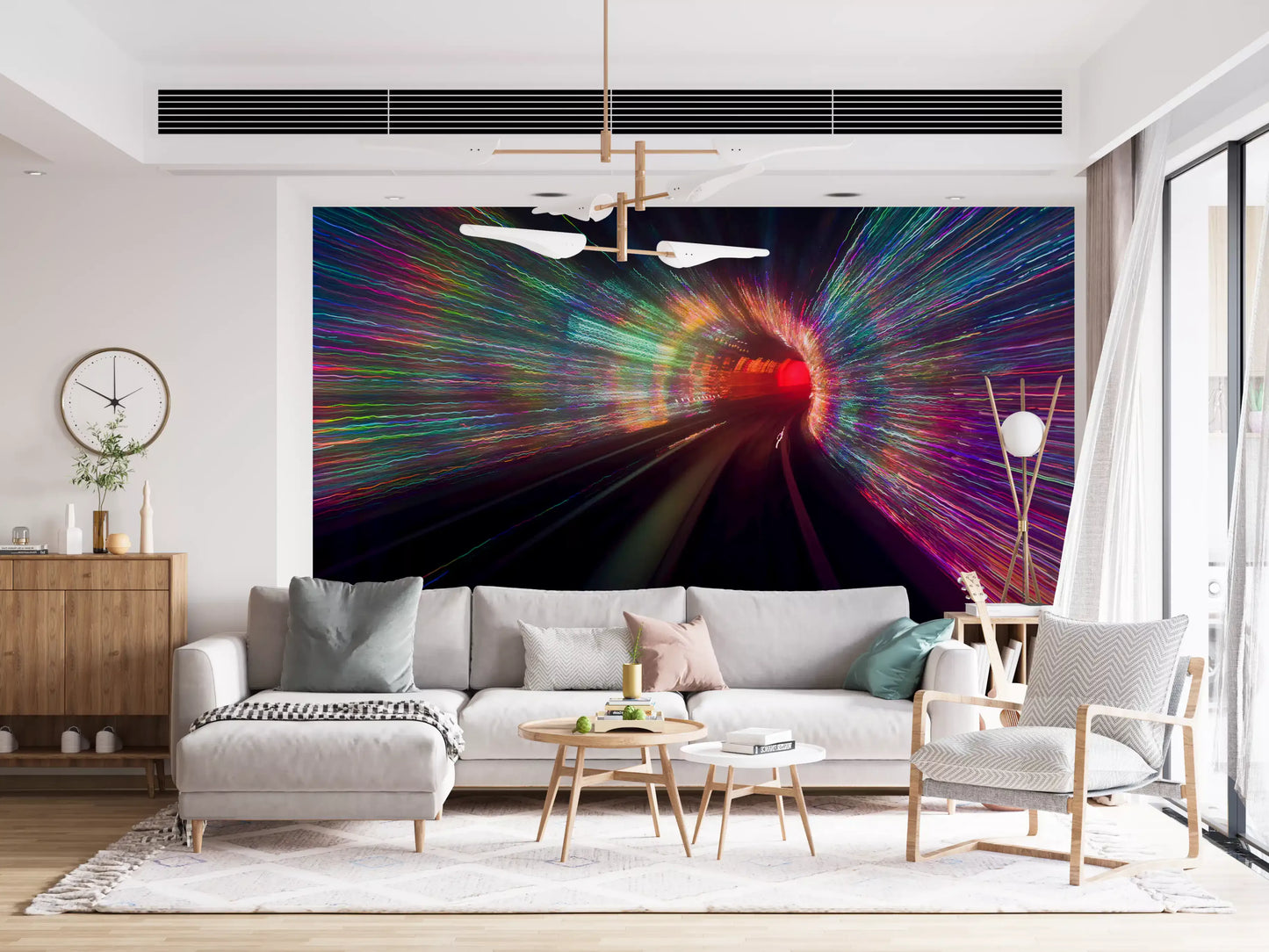 Living room with the streaking Warp Speed Lights wall mural